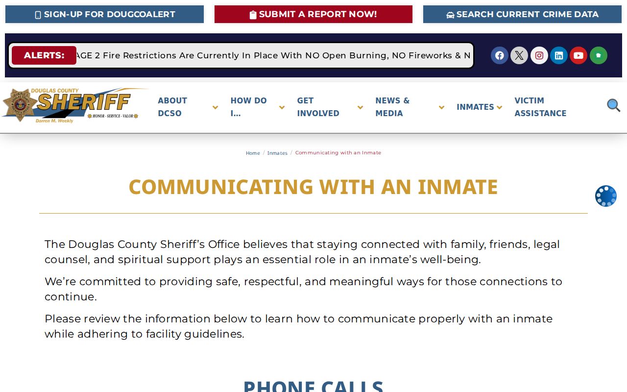 Douglas County inmate communication information for Castle Rock bookings