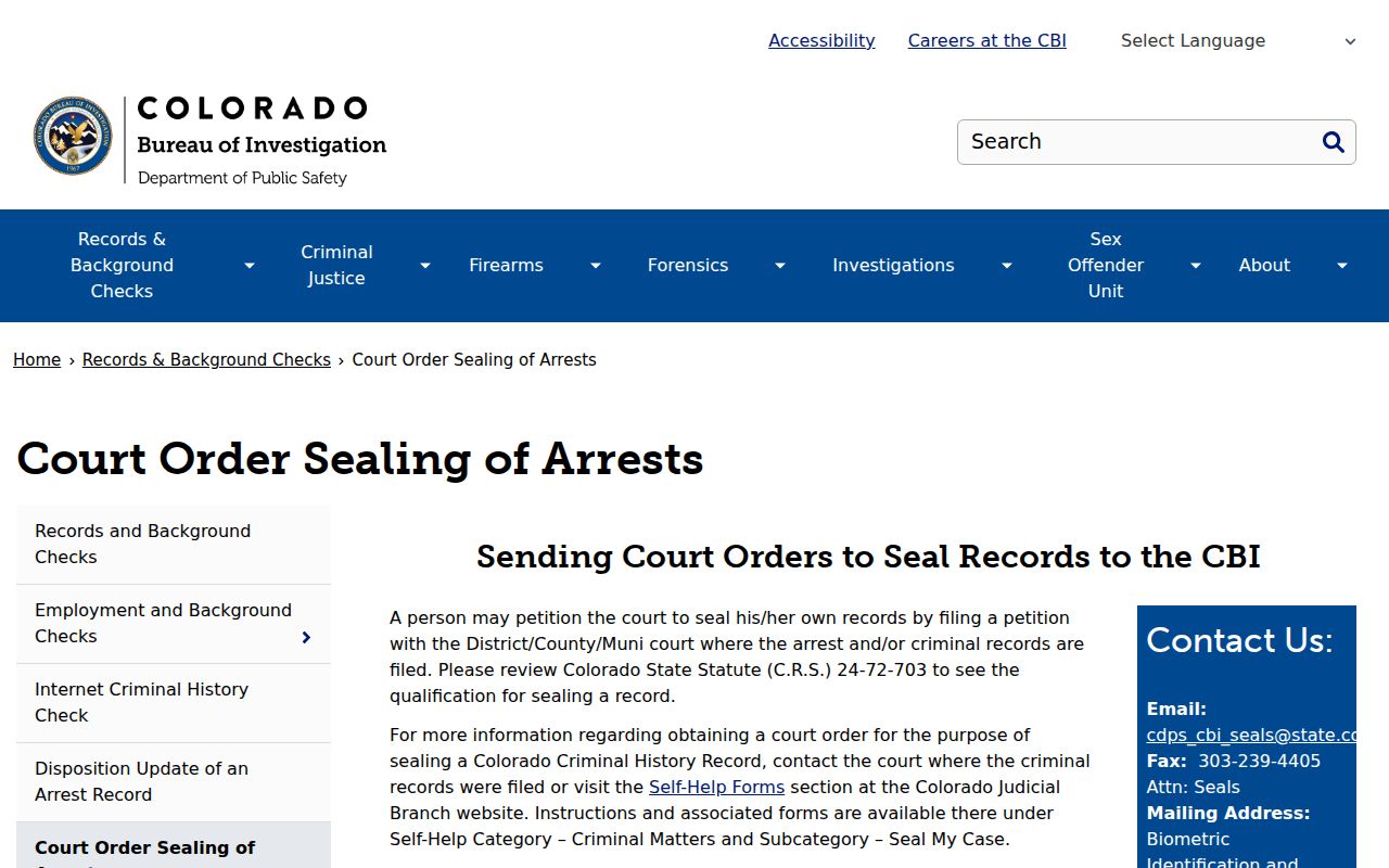 Colorado Bureau of Investigation court-order sealing information