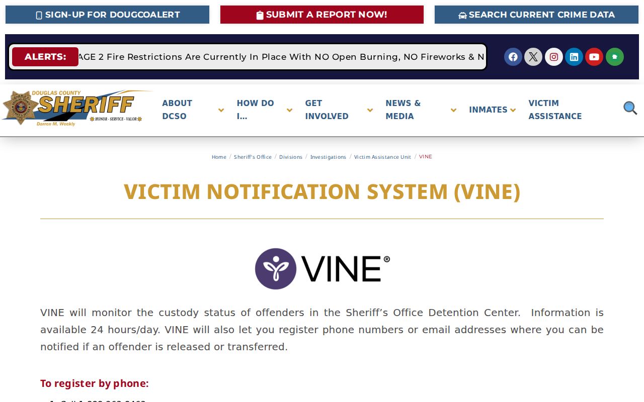 Douglas County VINE custody notification instructions for Parker arrests